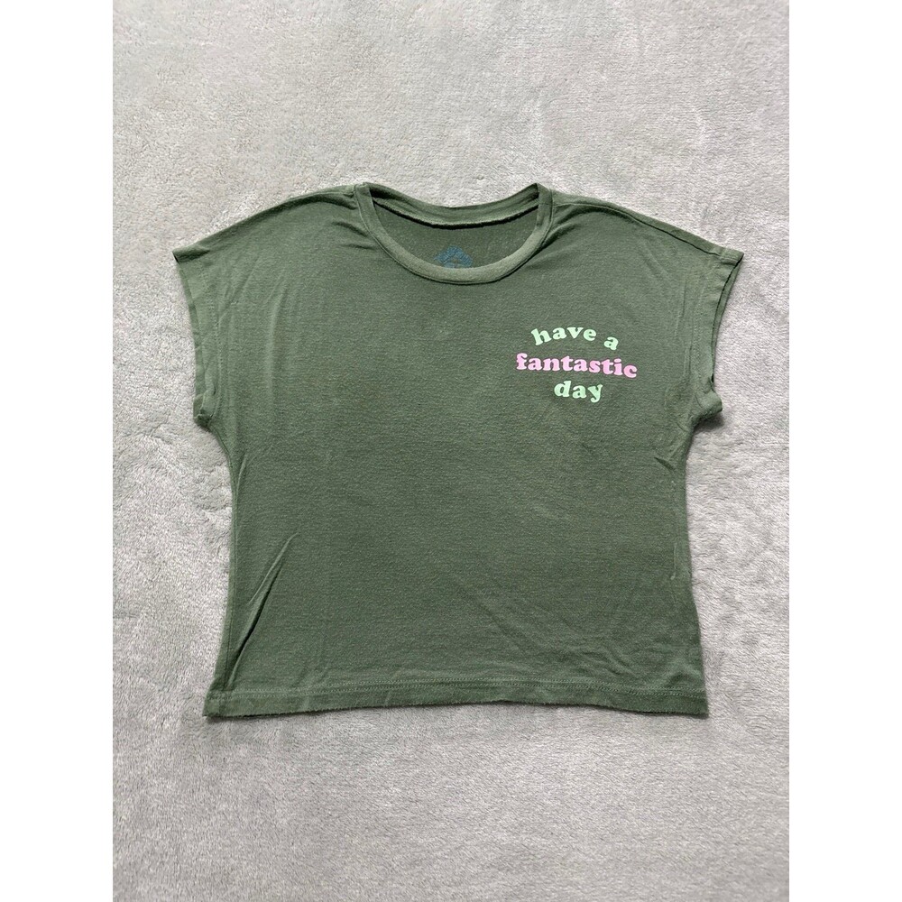 Womens girls crop top olive green graphic tee tshirt flower daisy checkered teen